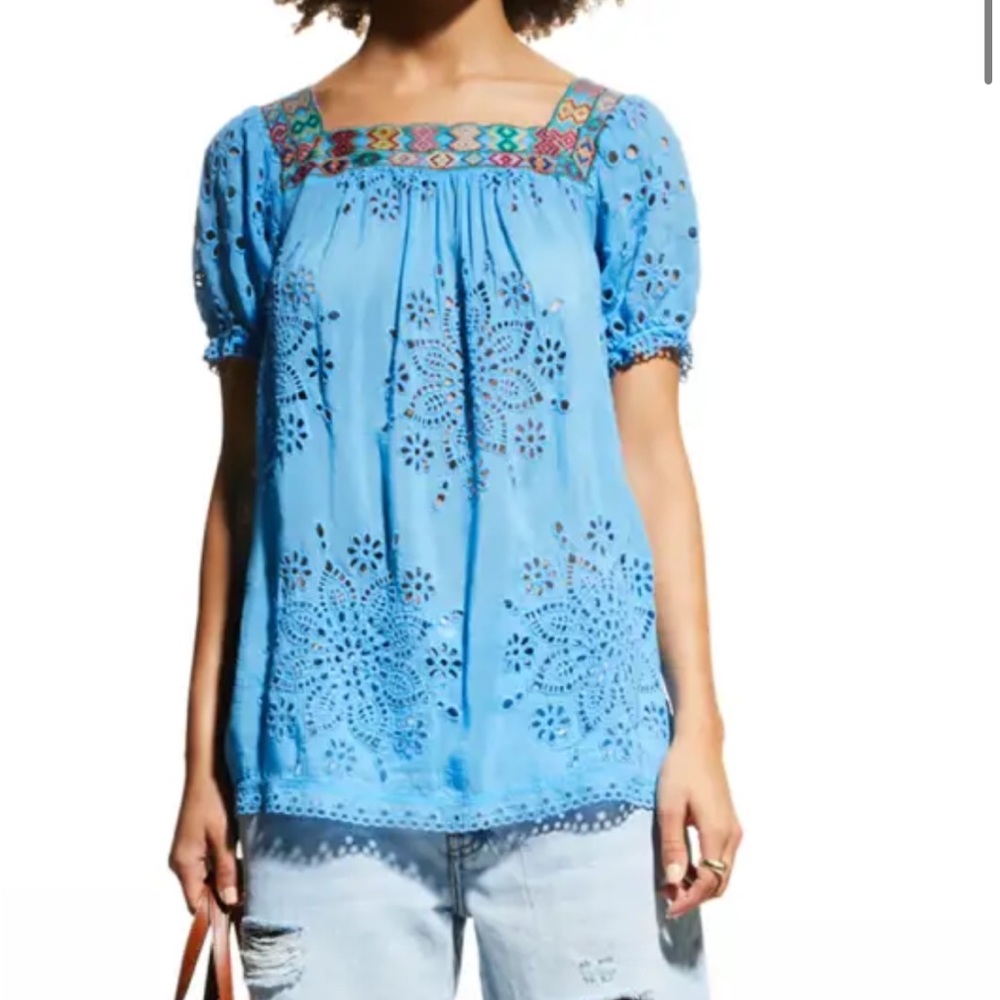Johnny Was - Happy Sia puff-sleeve eyelet blouse. L/XL